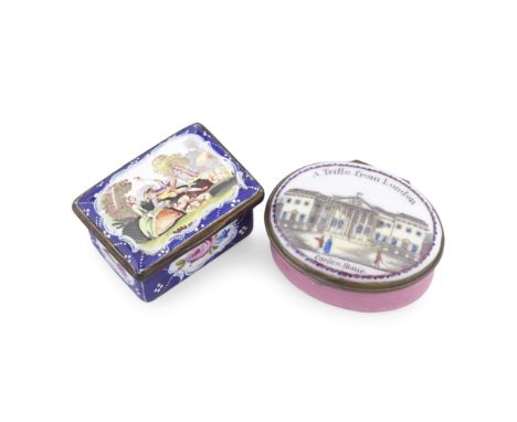 Two South Staffordshire enamel patch boxes, circa 1770-1800One of oval form, the hinged cover printed and hand-coloured with 
