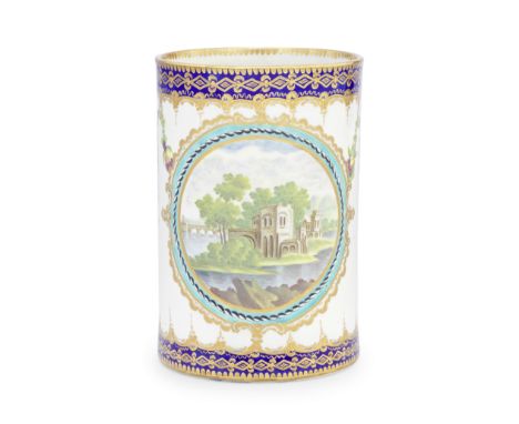 A Worcester cylindrical mug, circa 1780Elaborately decorated in the manner of the 'Lord Henry Thynne' or 'Dalhousie' services