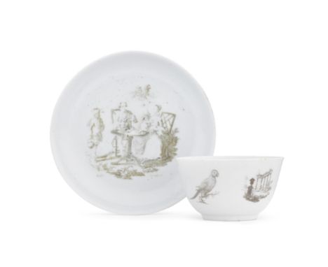 A Longton Hall teabowl and saucer, circa 1758-60Printed in black with the 'Tea Drinkers', a couple taking tea in a garden, an