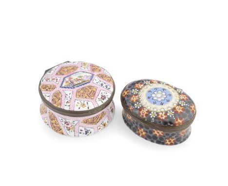 Two South Staffordshire enamel patch boxes, circa 1780-90One of circular, waisted form, embossed and painted with panels of f