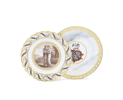Two Flight Worcester plates, circa 1795-1810One a spirally shanked Flight and Barr plate painted in sepia monochrome with 'Ma