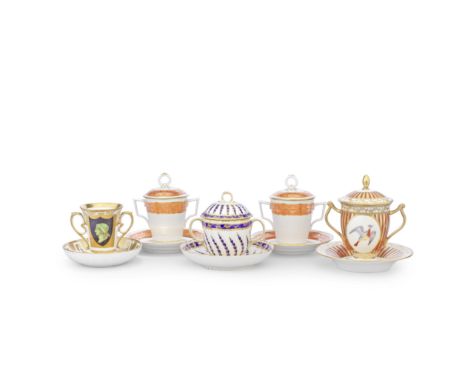A group of five chocolate cups, covers and stands, circa 1790-1805Comprising a pair of Flight and Barr Worcester cups, covers