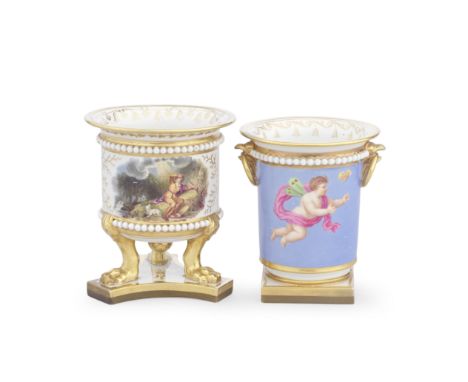 Two Flight, Barr and Barr Worcester vases, circa 1816-20One cylindrical with eagle and ring handles, painted with Cupid in fl