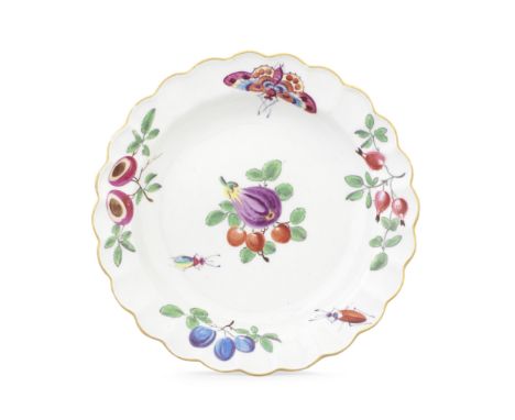 A Worcester small plate, circa 1770With a scalloped rim, painted in the Giles workshop in so-called 'Wet Brush Style' with a 