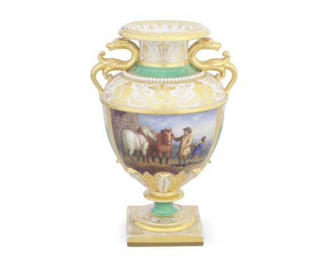 A Flight, Barr and Barr Worcester vase, circa 1820Ovoid with moulded bands and stiff leaves, applied pearls and gilt dragon h