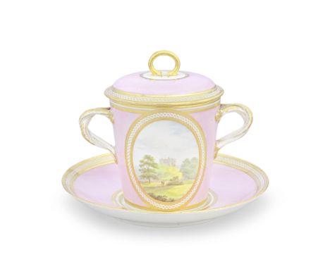 A Derby chocolate cup, cover and stand by Thomas 'Jockey' Hill, circa 1796Of bucket form with entwined handles and a ring fin