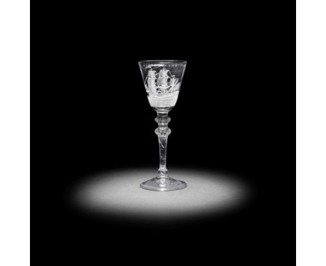 An exceptional engraved light baluster wine glass signed by Jacob Sang, dated 1760The round funnel bowl exquisitely engraved 