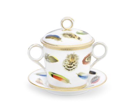 A Chamberlain Worcester chocolate cup, cover and stand, circa 1810Of tapering cylindrical form, with twin ring handles, the c