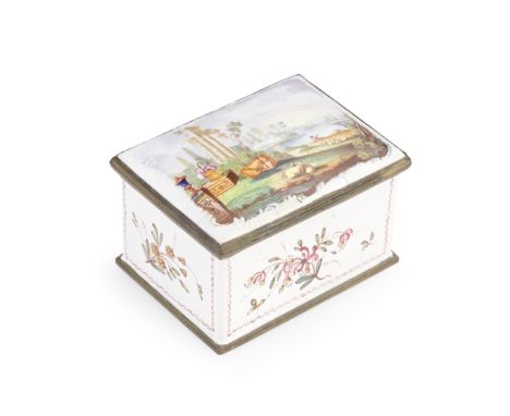A South Staffordshire enamel box, circa 1770Of rectangular form, the hinged lid painted with a rural scene, animals grazing b