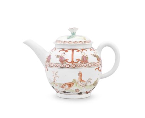 A very rare Lowestoft teapot and cover, circa 1775-80Of globular shape with a distinctive straight spout, the low domed cover