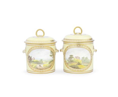 A rare pair of Derby preserve pots and covers by Thomas 'Jockey' Hill, circa 1796Of cylindrical form with scrolled handles an