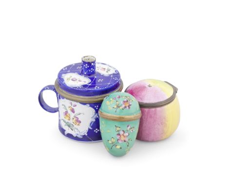 A South Staffordshire enamel nutmeg grater, a fruit bonbonnière and a bougie box, circa 1770-80With metal mounts, the nutmeg 