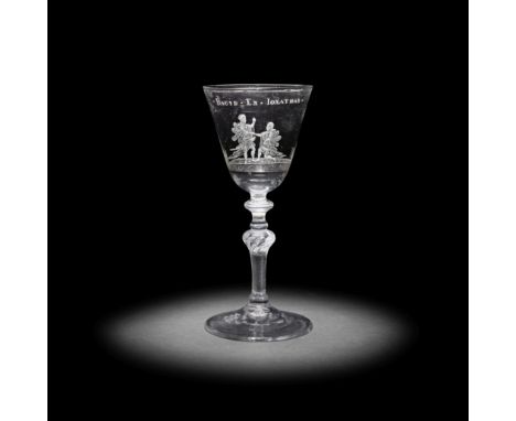 A Dutch engraved light baluster goblet, circa 1760The generous round funnel bowl decorated with the biblical kings David and 