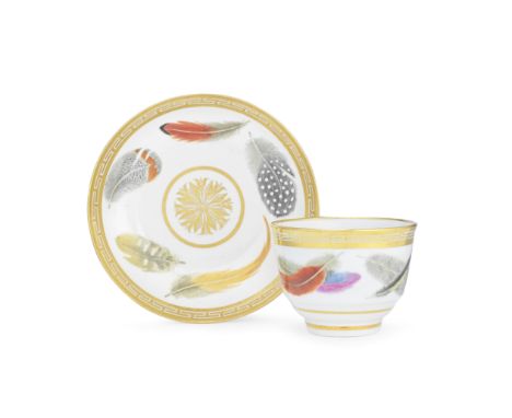A Flight and Barr Worcester feather-painted teacup and saucer, circa 1800Finely painted with a selection of colourful feather