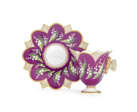 A Flight, Barr and Barr Worcester cabinet cup and stand, circa 1825The small tulip shaped cup with a curious butterfly handle