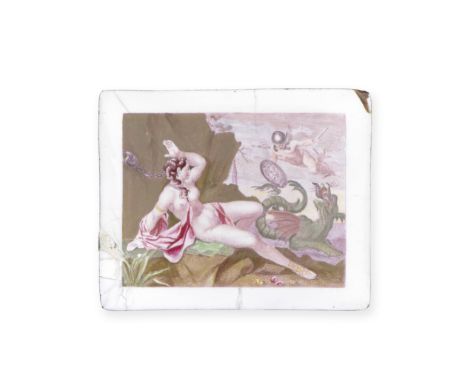 A Battersea enamel plaque, circa 1753-56Of rectangular form, printed in red and delicately picked out in colours with Androme
