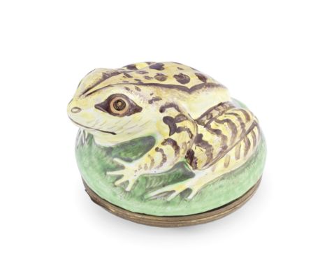 A Birmingham or South Staffordshire enamel frog bonbonnière, circa 1770Realistically modelled and coloured as a yellow frog w