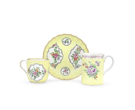 A Worcester yellow-ground coffee cup and saucer and a small mug, the porcelain circa 1770-80The fluted cup and saucer with sh