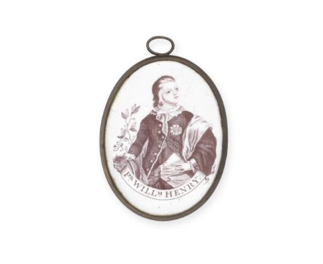 A Liverpool enamel plaque, circa 1780Of upright oval form, printed in dark brown with a portrait of Prince William Henry, pro