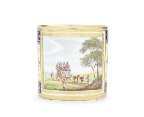 A Derby coffee can by John Brewer, circa 1796-1800Painted with two soldiers and two women riding atop a cart laden with lugga
