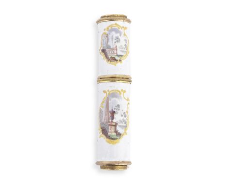 A South Staffordshire enamel combined spyglass and etui, circa 1770Of cylindrical form, painted with views of neoclassical ga