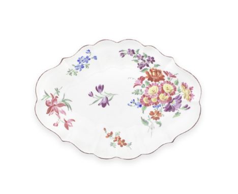A Worcester dessert dish, circa 1770Of lobed lozenge shape, painted in the workshop of James Giles in vibrant colours with a 