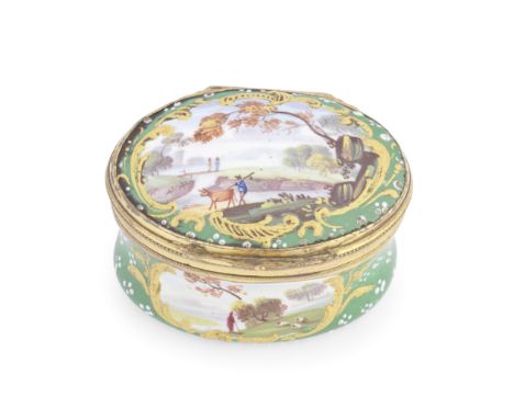 A South Staffordshire enamel patch box, circa 1770Of oval form, the hinged lid and waisted sides painted with bucolic scenes 