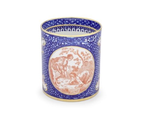 A very rare Flight Worcester mug, circa 1785Of generous cylindrical form, the underglaze blue ground printed with honeycomb d