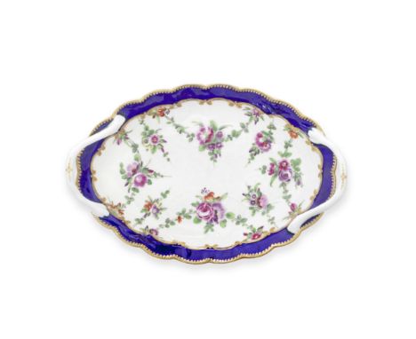 A Worcester 'Blind Earl' spoon tray, circa 1770Of lobed, oval form, with fine twig handles, the upper surface moulded with le