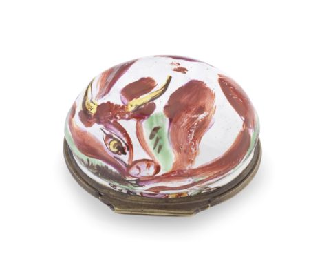A South Staffordshire enamel cow bonbonnière, circa 1770Modelled and coloured as a piebald bull, lying on a green grassy moun