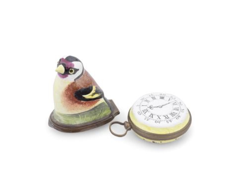 A South Staffordshire enamel bird bonbonnière and a pocket watch, circa 1780-1800The bird modelled and delicately coloured as