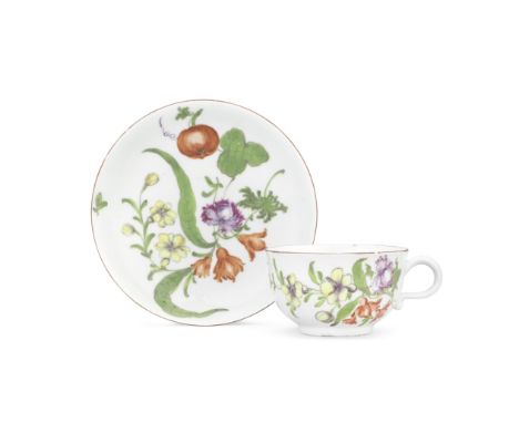 A Worcester teacup and saucer, circa 1760-65Unusually painted with large medlar-like fruit issuing purple tendrils and leafy 
