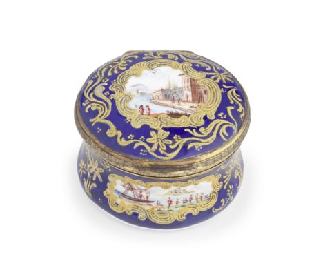 A Birmingham enamel box from the 'Honeysuckle Group', circa 1760-65Of circular, waisted form, the hinged lid with tooled gilt