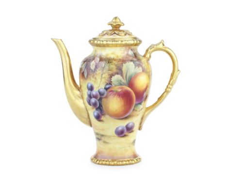 A Royal Worcester 'Painted Fruit' coffee pot and cover by Paul Stanley, circa 1975Of tall baluster form, fully painted with a