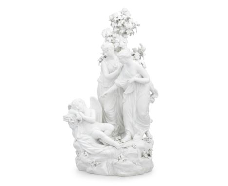 A good Derby biscuit group of Two Virgins Awakening Cupid, circa 1780The three figures set on a rocky base before a leafy tre