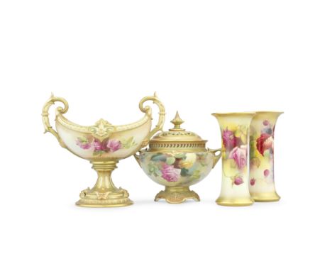 Four Royal Worcester vases, dated 1906-38Painted with sprays of Hadley-style pink and yellow roses and richly gilded, one wit