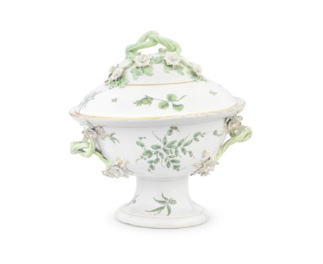 A Worcester footed bowl and cover, circa 1785-88The raised bowl and domed cover with elaborate entwined handles washed in pal