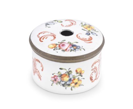 A rare South Staffordshire enamel string box and cover, circa 1770Of drum form, the pull-off cover pierced with a central hol