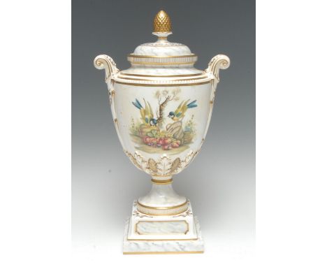 A Royal Worcester two handled pedestal ovoid vase and cover, painted by Terrance Nutt, signed, with with blue tits and fruit,