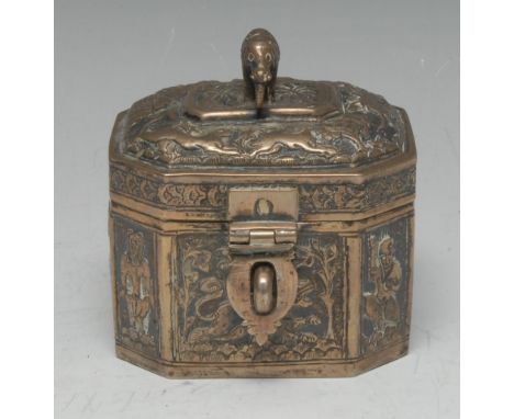 An Indian silver canted rectangular tea caddy or betel box, hinged cover with elephant finial and hasp, chased overall with f