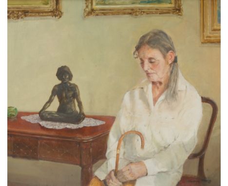 Terence Storey (1923-2018) Portrait, Reflection, the artist's wife seated on a side chair takes a minute, the interior with p