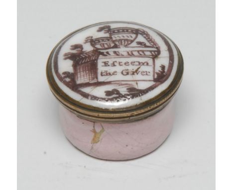 A George III South Staffordshire enamel circular pill box or bonbonniere, domed screw-fitting cover painted with Neo-Classica