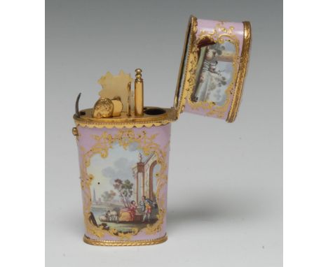 A good George III Bilston enamel tapered rounded rectangular etui, painted with figures in Picturesque landscapes to recto an