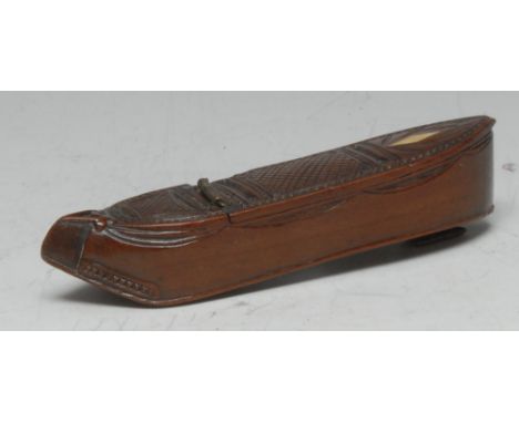 A late 18th century mahogany novelty snuff box, as a shoe, hinged cover chip-carved with chequered panels and inlaid with wit