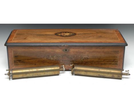A 19th century Swiss rosewood musical box, 26.5cm interchangeable cylinders playing  on a one piece comb, two spare cylinders