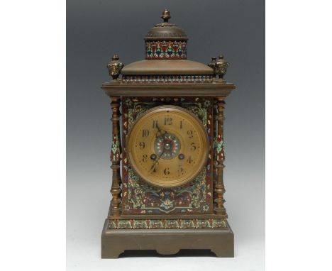 A 19th century brass and cloisonne mantel clock, the 10.5cm dial with Arabic numerals, twin winding holes, eight day movement