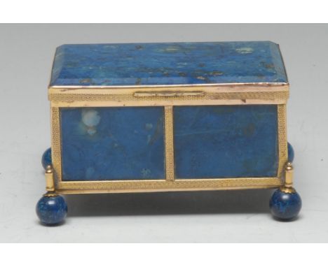 A 19th century 'lapis lazuli' agate rectangular casket, hinged cover, engine-turned gilt-metal mounts, ball feet, 8.5cm wide,