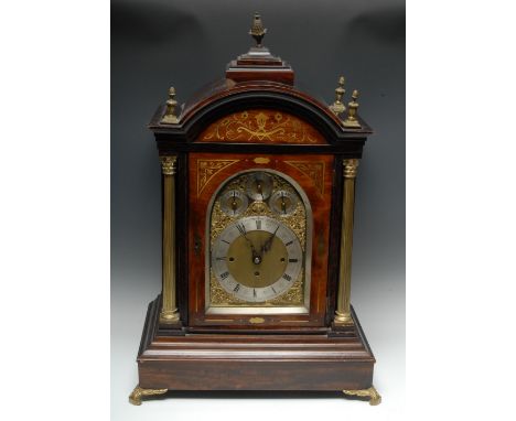 A substantial 19th century rosewood and brass marquetry musical bracket clock, 18.5cm arched brass dial with silvered chapter