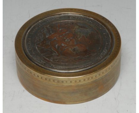 A 19th century French gilt metal and silvered circular table snuff box, the push-fitting cover after Boucher with Le Printemp