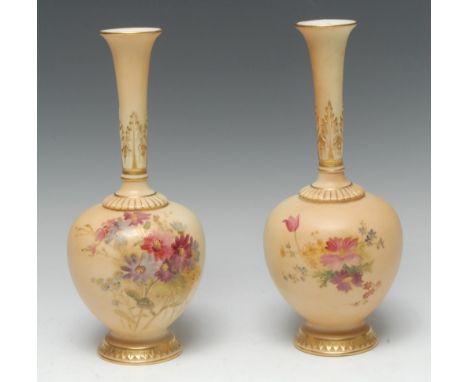 A pair of Royal Worcester bottle vases, printed and painted with summer flowers on a blush ivory round, long flared cylindric